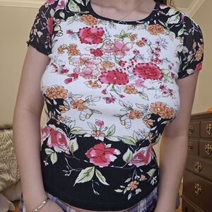 Forbidden Floral Tee With Mesh Sleeves And Beading